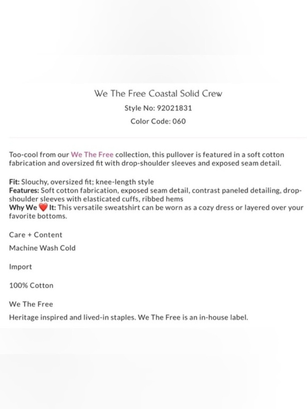 Free People We The Free Coastal Crew Sweatshirt Very Berry Pink NWT M Boho FP - Picture 4 of 9